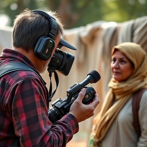 A filmmaker interviewing a local resident during a travel documentary shoot.