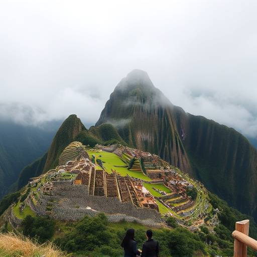 The ancient Inca city of Machu Picchu, Peru, shrouded in mist and surrounded by lush mountains.
