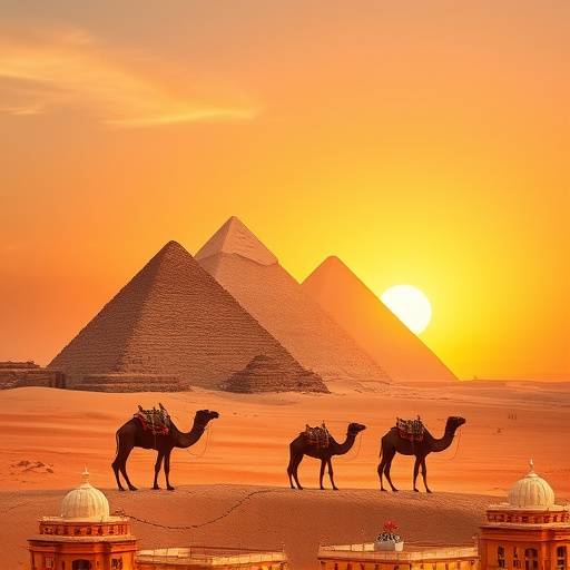 The Great Pyramids of Giza, Egypt, standing tall in the desert landscape with camels and ancient structures.