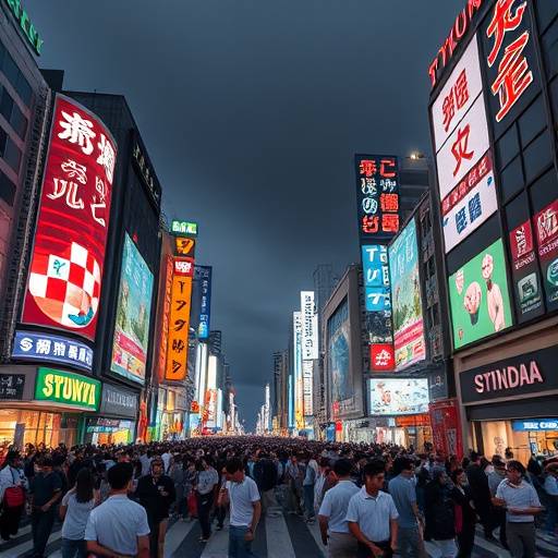 The vibrant and bustling Shibuya crossing in Tokyo, Japan, with neon lights and crowds of people.